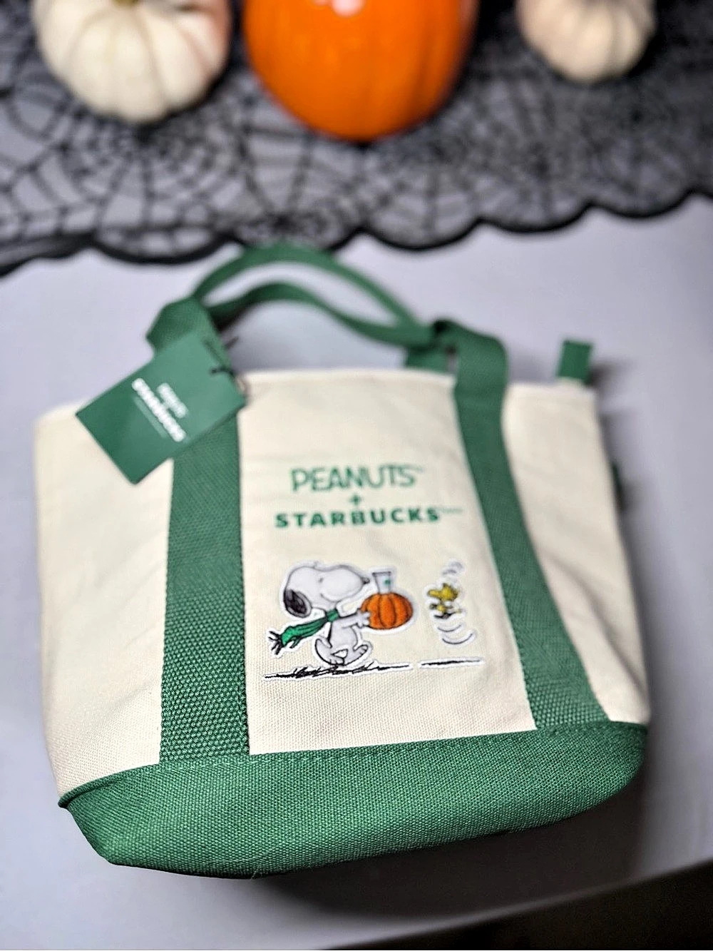 Starbucks Peanuts + Starbucks Canvas Mini Tote Green & Cream Tote